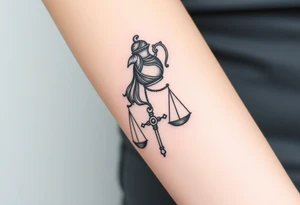 I want a tattoo that combines the Aquarius water bearer and the Libra scales. The water should flow elegantly from the jug, merging into or balancing the scales below. tattoo idea