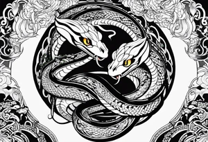 Long Double head snake tattoo for placement along the spine in japanese style to symbolise a journey of healing and transformation with reference to being a twin tattoo idea