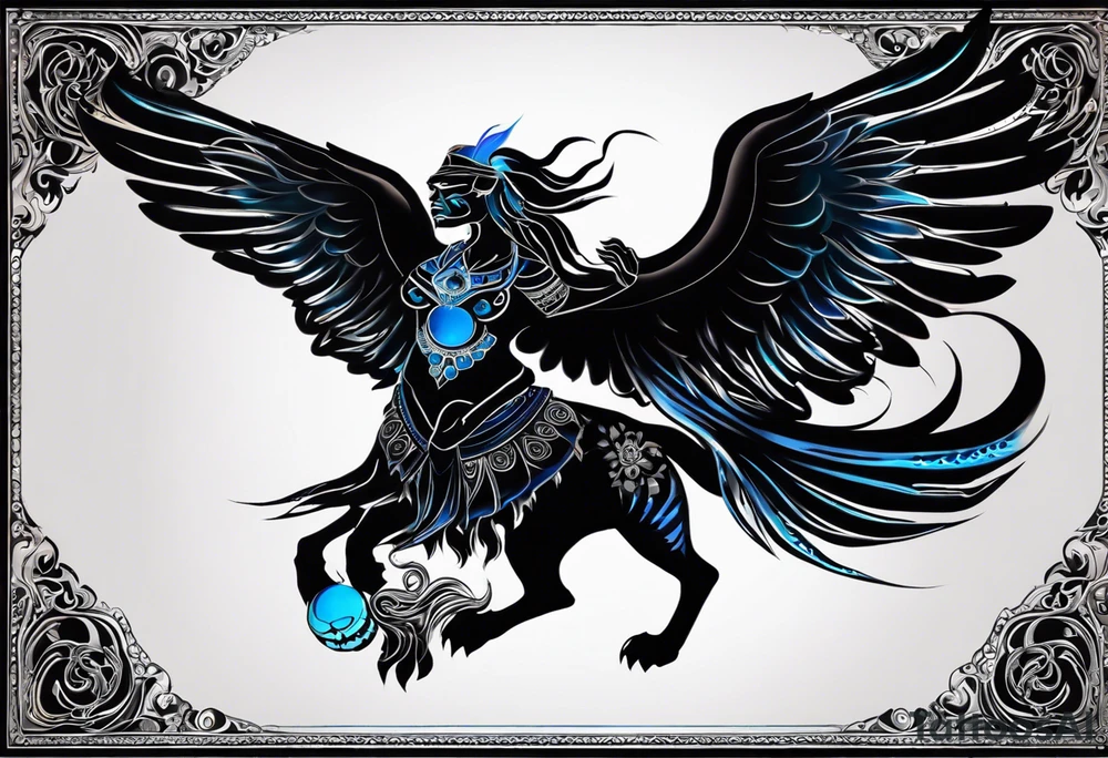 black kali, goddess pirate, alien, angel, pachamama, valkrye, warrior, flying, skull, lotus azul, wing, eagle, zenza resonance, stars, 5D, anahata chakra, death, durga, riding on a tiger, flying lady tattoo idea