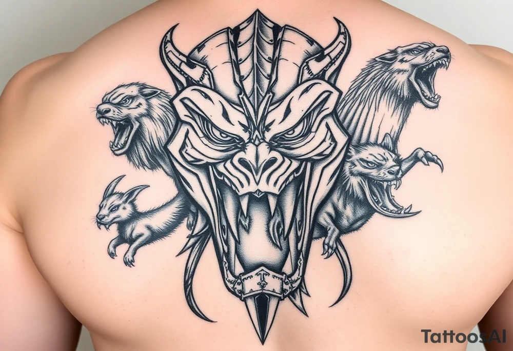 powerful majestic giant with a alien eyes and teeth like a sabertooth , surrounded by vicious animals but not from earth tattoo idea