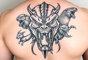 powerful majestic giant with a alien eyes and teeth like a sabertooth , surrounded by vicious animals but not from earth tattoo idea