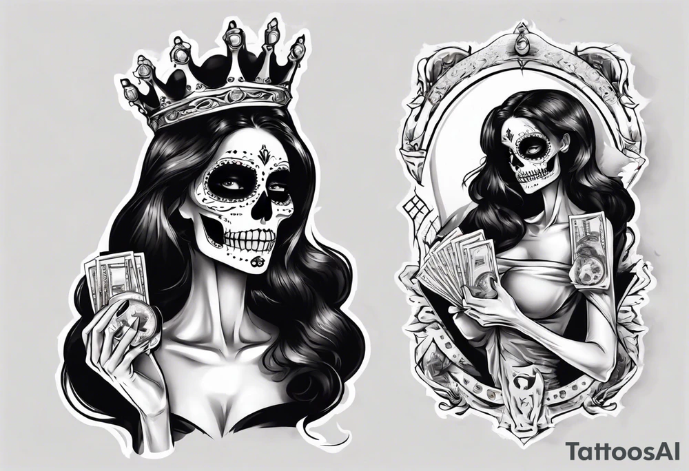 santa la muerta with money and crown
on the card tattoo idea