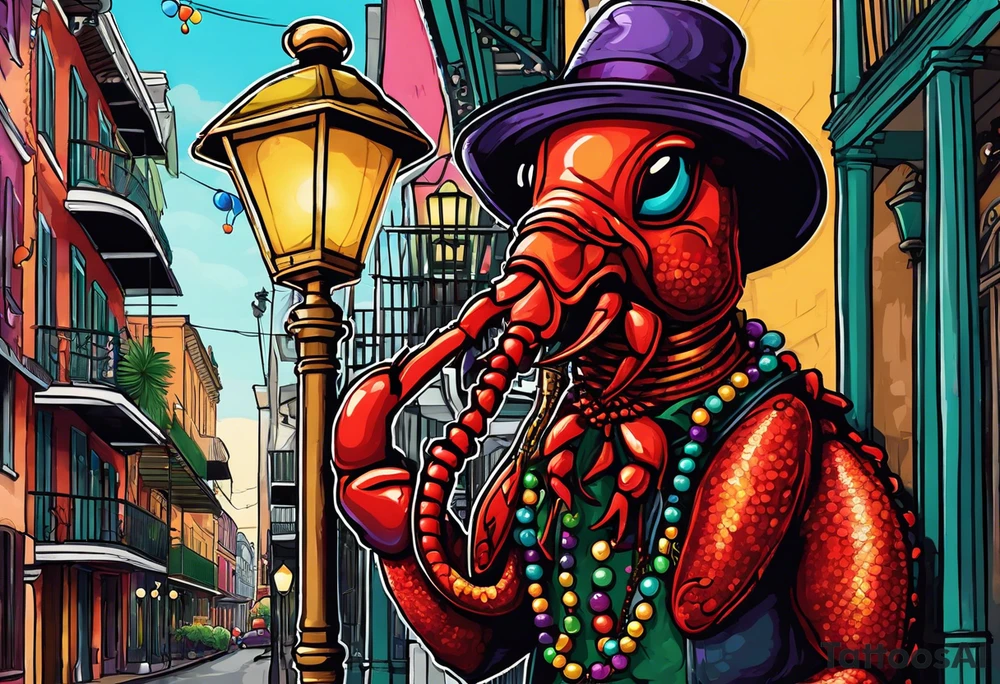 an anthropomorphism crawfish standing by a lamp post in the French Quarter playing a saxophone while wearing a Fedora and Mardi Gras beads around his  neck tattoo idea