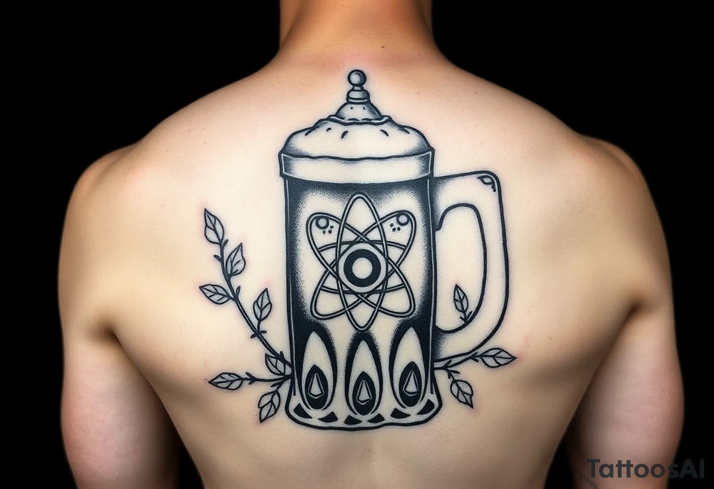 A fine line style German stein in a with an atom in the middle part of the stein and vines around the atom on the stein tattoo idea