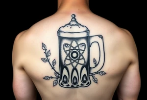 A fine line style German stein in a with an atom in the middle part of the stein and vines around the atom on the stein tattoo idea