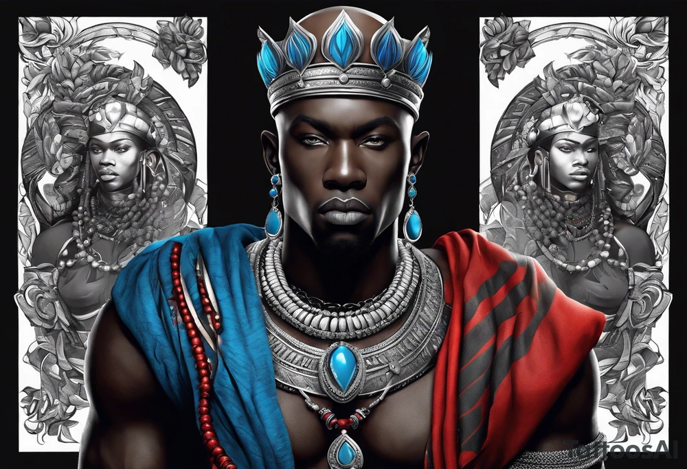 Black-skinned bald african warrior. He has a silver crown. He wears two simple necklaces: one blue, other red. Looking front tattoo idea