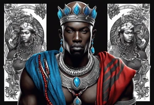 Black-skinned bald african warrior. He has a silver crown. He wears two simple necklaces: one blue, other red. Looking front tattoo idea