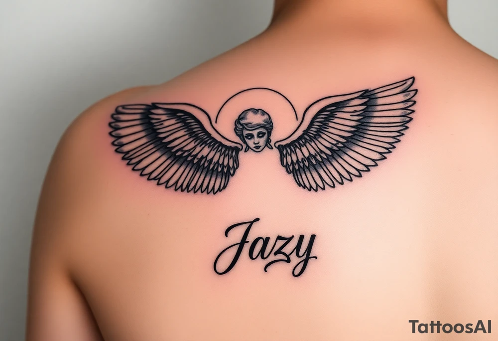 upper arm tattoo - Remembrance angel of a deceased best friend with the name Jazy incorporated tattoo idea