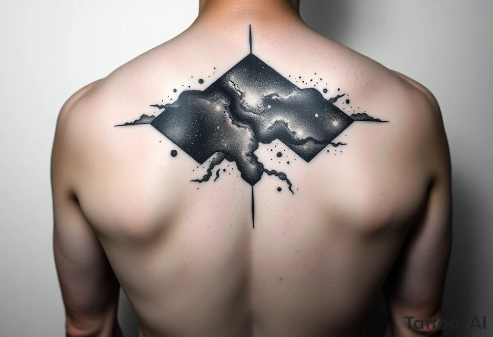 milky way that covers the upper middle back and is geometric that also uses negative spaces and plays with shading tattoo idea