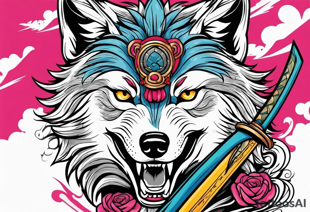 wolf head with katana in mouth tattoo idea
