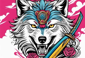 wolf head with katana in mouth tattoo idea