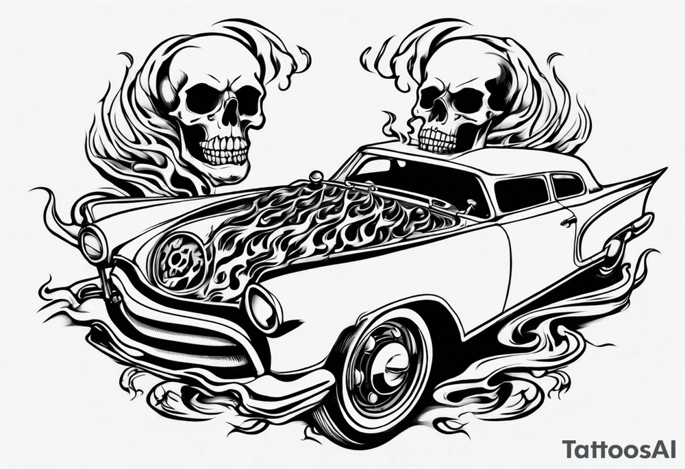 An old vintage classic car with flames coming out of the bonnet and a skeleton head at the top of the flames tattoo idea