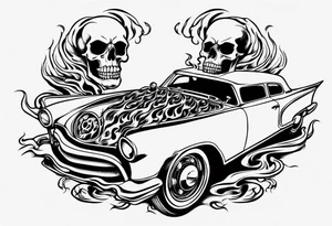 An old vintage classic car with flames coming out of the bonnet and a skeleton head at the top of the flames tattoo idea
