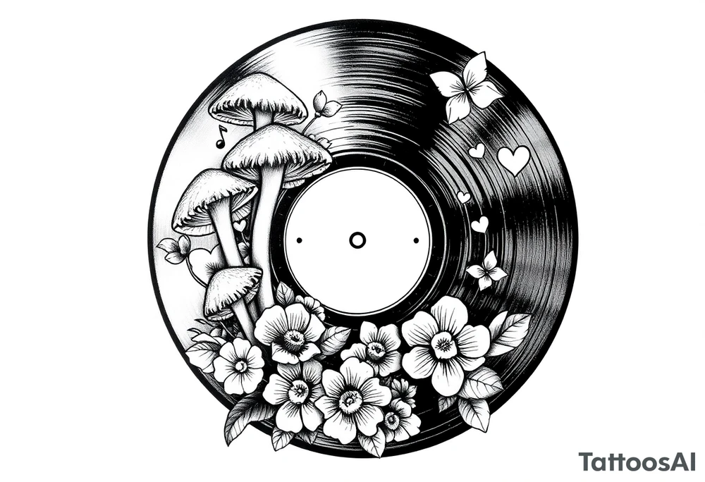 vinyl record with mushrooms, flowers, hearts, and music notes tattoo idea