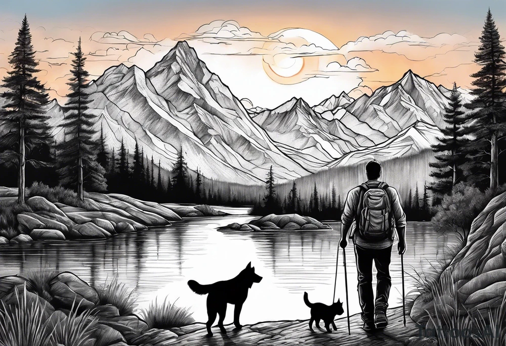 nature, sunset, mountains, a father and son hiking with their dog and cat by the water and a cross in the distance tattoo idea