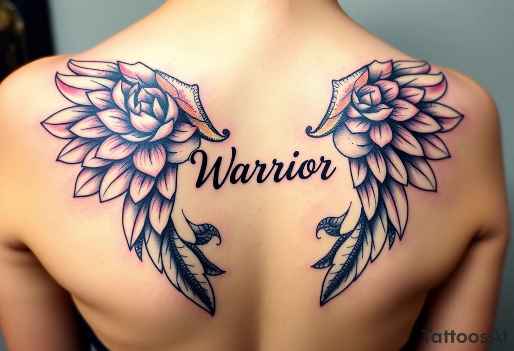 lotus flowers beautiful angel wing with word "Warrior" tattoo idea