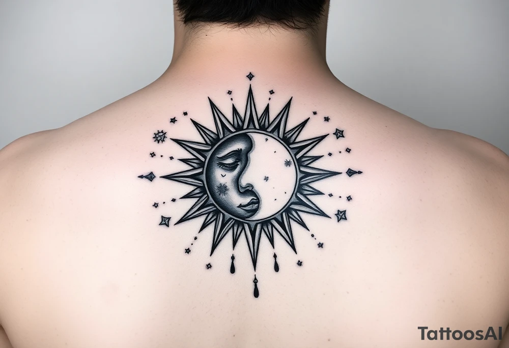 celestial sun and moon embrace with constellation patterns tattoo idea