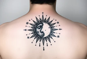 celestial sun and moon embrace with constellation patterns tattoo idea
