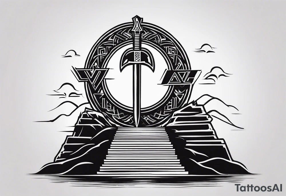 Valhalla  sword shield axe Valknut fog stairs tattoo idea