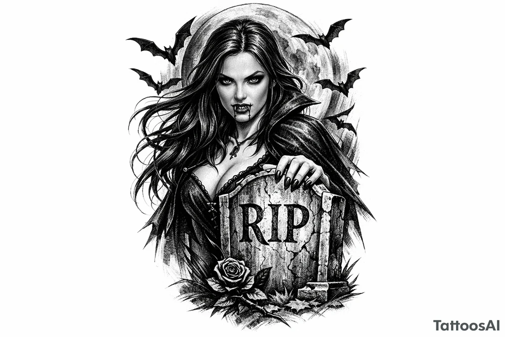 female vampire,bats,full moon,a gravestone. tattoo idea