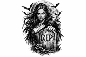 female vampire,bats,full moon,a gravestone. tattoo idea