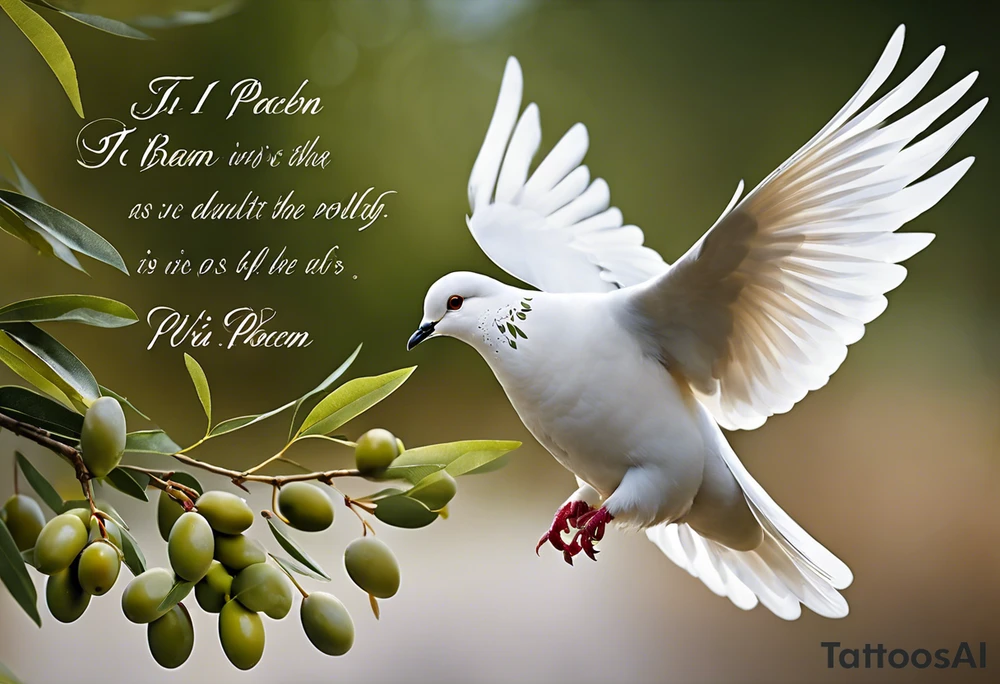 Dove soring through the air clasping an olive branch in its talons. The olive branch is fluttering in the wind with leaves from the branch floating behind the dove. The leaves transform into spear heads the further away from the dove they get. The words 'Si vis Pacem, para bellum' is boldly transcribed underneath the scene tattoo idea