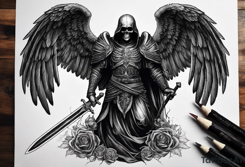 realistic full body of black angel of death, no face, face is not visible, with wings holding only one sword in both hands, the sword is driven into the skull, skull is on the ground tattoo idea