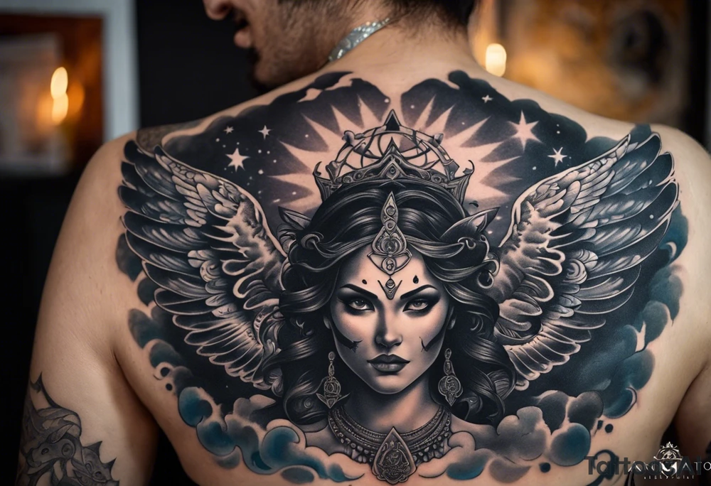 black kali, goddess pirate, alien, angel, pachamama, valkrye, warrior, flying, skull, lotus azul, wing, eagle, zenza resonance, stars, 5D, anahata chakra, death, durga, riding on a tiger, flying lady, kundalini, chest tatoo, rebel tattoo idea