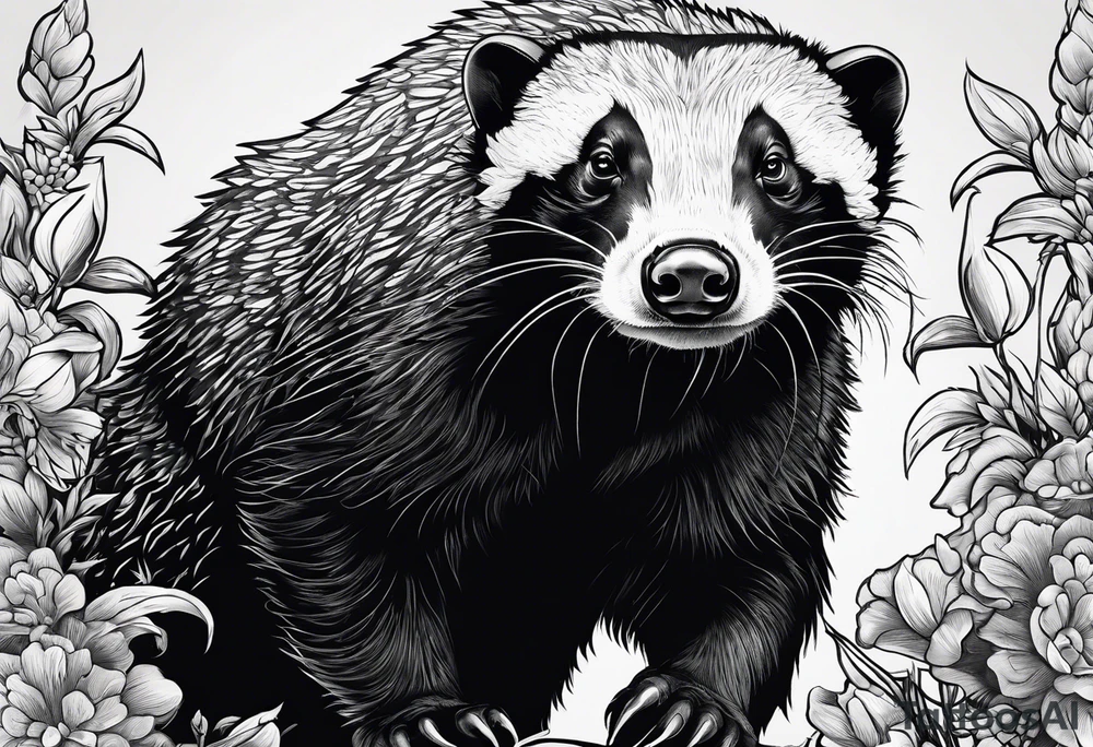 honey badger climbing over, claws near head, gentle face, legs hanging on trying to get over tattoo idea