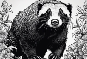 honey badger climbing over, claws near head, gentle face, legs hanging on trying to get over tattoo idea