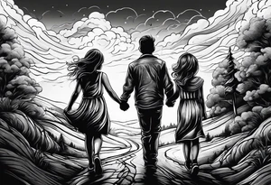 big brother with two sisters holding hands walking up hill through storm tattoo idea