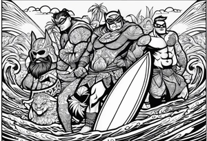 beachbum superhero on a surfboard with tiki guys tattoo idea