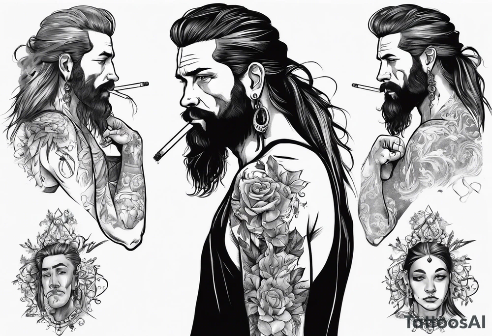 A man standing full-length, with long hair, no beard, smoking a cigarette, with earrings in his ears, no headgear tattoo idea