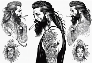 A man standing full-length, with long hair, no beard, smoking a cigarette, with earrings in his ears, no headgear tattoo idea