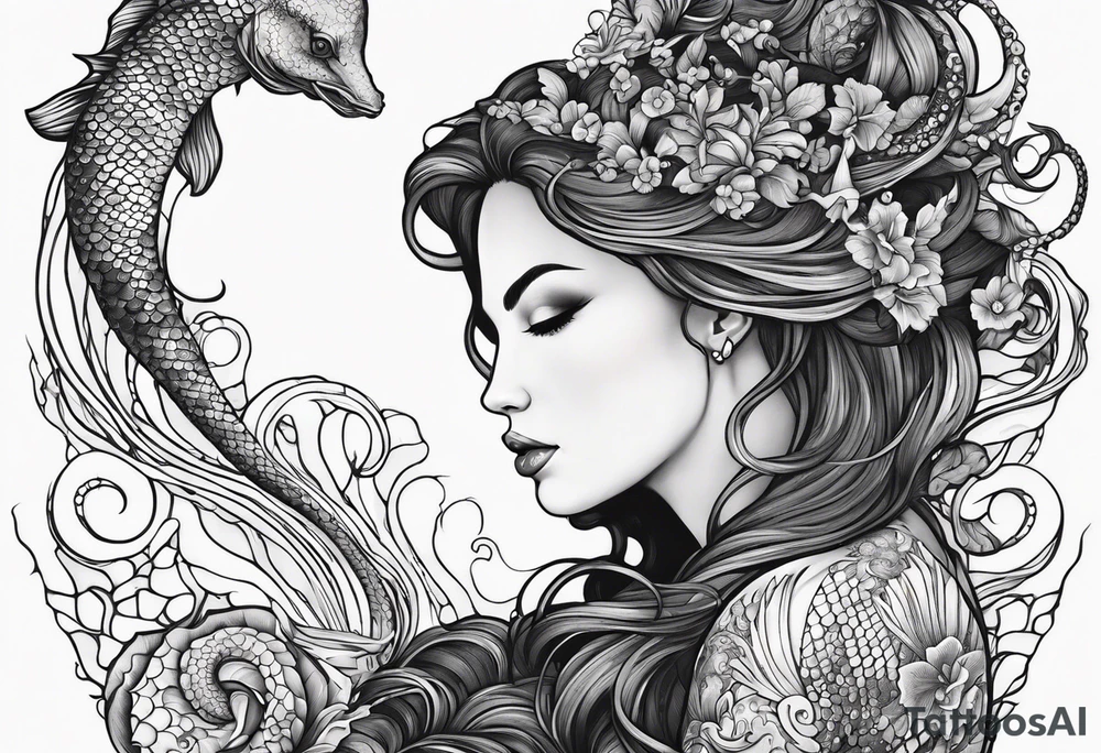 Side profile mermaid with trident looking at seahorse face to face. Tattoos on skin and scales showing, octopus tentacles wrapped around tattoo idea