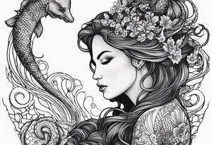 Side profile mermaid with trident looking at seahorse face to face. Tattoos on skin and scales showing, octopus tentacles wrapped around tattoo idea
