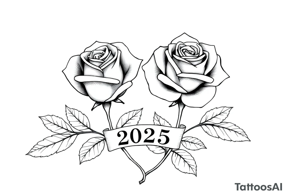 two beautiful large rose buds, one larger than the other, with many leaves next to the rose buds, with one sitting higher than the other. Include a banner connecting the two roses with the year "2025" on it.   Use dark outlines with little shading. The two stems should be short, not long, and connect and join into one stem, whimsically curved or twisted - not straight down. tattoo idea