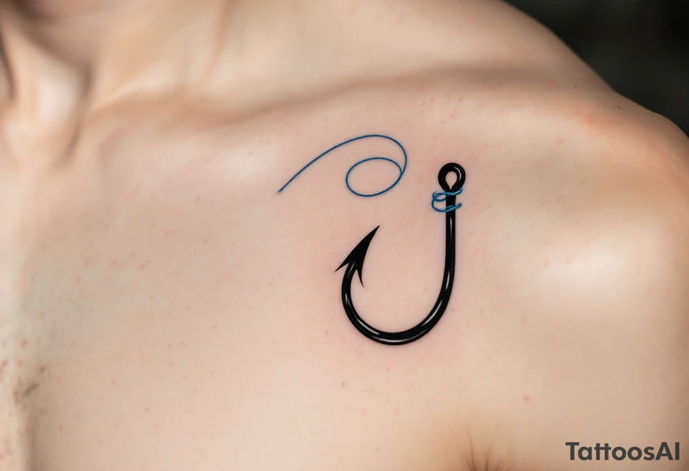 Hook and Line – A realistic black hook attached to a fine light blue fishing line, swirling elegantly around the arm. The line’s delicate curves contrast with the bold, solid hook. tattoo idea