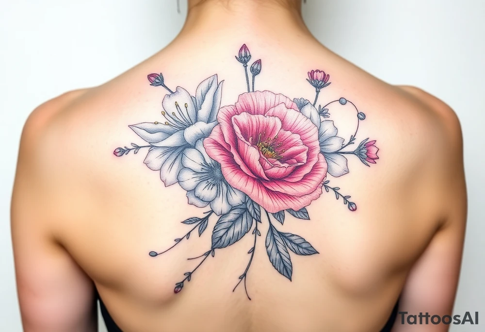 3d realistic Bouquet Carnation rose lily luster and aster flower tattoo idea