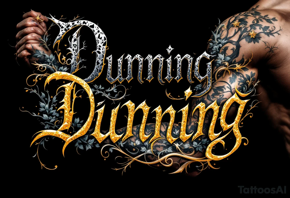 Dunning, details include bold strong font, gold highlights, theme of wealth and angel wings, Trees tattoo idea