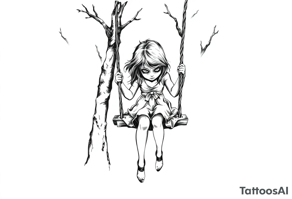 creepy grudge style little girl in the woods on a rope swing tattoo idea