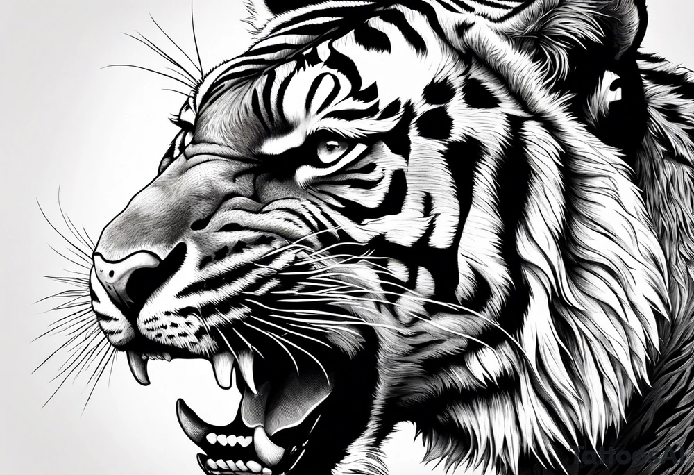 powerful tiger, mouth opened, looking at left tattoo idea powerful tiger, mouth opened, looking at left tattoo idea