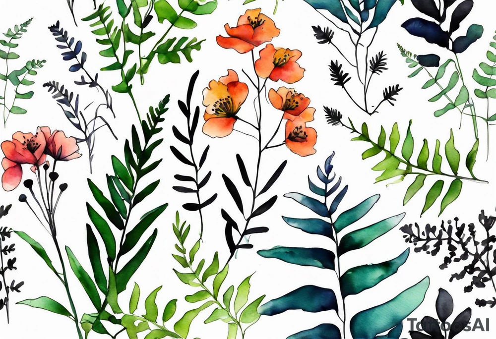 wild flowers with ferns all watercolor tattoo idea