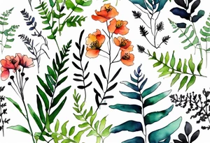 wild flowers with ferns all watercolor tattoo idea