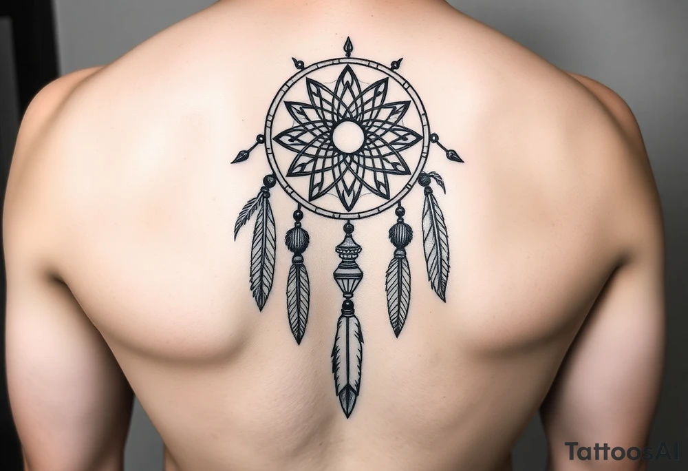 native dreamcatcher with flowing feathers and sacred beads tattoo idea