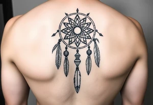 native dreamcatcher with flowing feathers and sacred beads tattoo idea