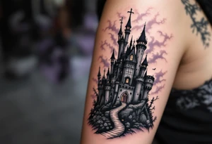 Tim Burton’s crooked castle rises under a thunderous sky in stormy grays and moody purple shadows tattoo idea