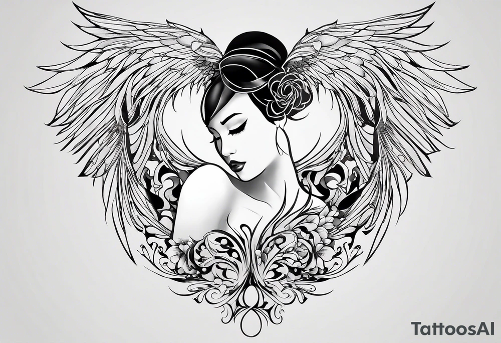 “I’m looking for a side boob tattoo of a phoenix that symbolizes rebirth and survival, with the outline resembling a Black woman with 4C hair. The phoenix should emerge from abstract petals at the base to represent growth, and I want it to feel symbolic but not overly abstract or realistic.

The Black woman’s form should flow into the phoenix, with her 4C hair being a key feature, blending into the flames or feathers. The design should be done in black ink to complement my skin tone, and I want it to represent strength and transformation, without resembling angels or fallen angels.”

This gives the artist a clear picture of your vision while allowing for their artistic input. tattoo idea