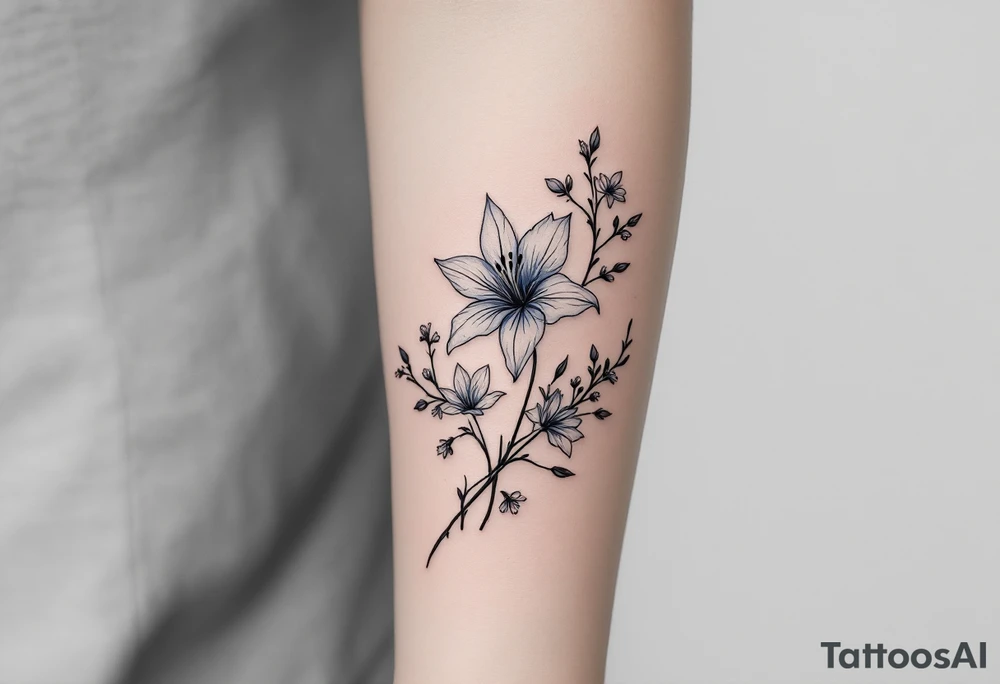 the flower blue spider lily from demon slayer and add cherry blossoms wrapped around upper arm tattoo idea