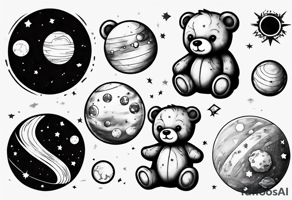 Teddy bear planets tattoo idea